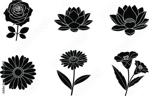 Six black silhouette floral including rose lotus daisy and bell flowers