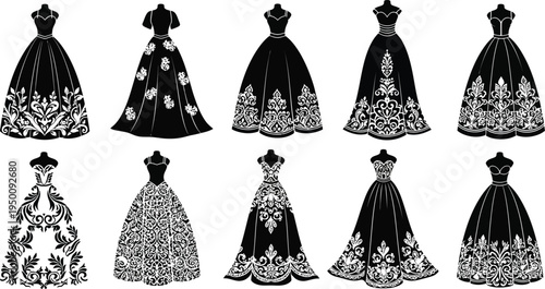 Ten black silhouette ball gowns with white ornate patterns on white background dress