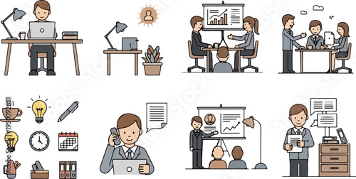 Diverse business scenarios featuring people, meetings, and office supplies