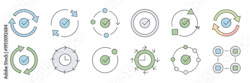 Time management workflow icon set – Suitable for productivity tools, scheduling apps, or daily habit tracking.