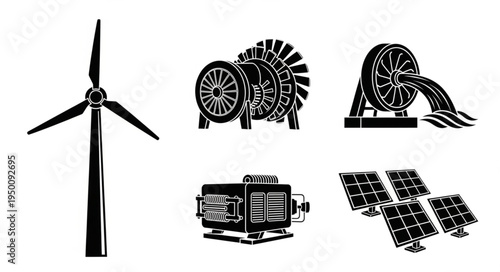 Renewable Energy Sources - Wind Turbine, Hydro Turbine, Solar Panels, and Generator.