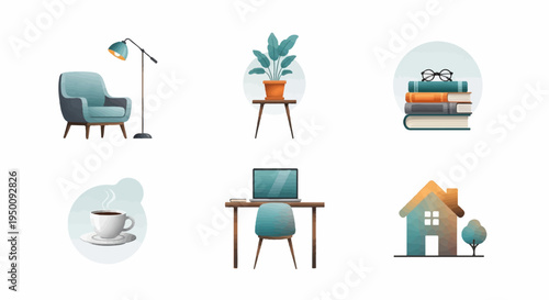 Cozy home elements armchair, plant, books, coffee, desk, and house