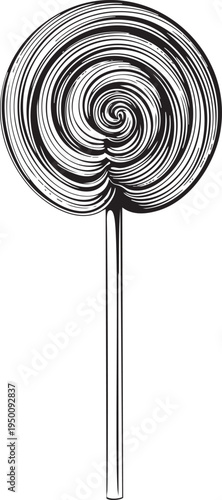 elegant black and white outline drawing of a swirl lollipop, ready for candy and sweet shop branding