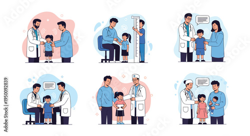 Collection of scenes showing pediatricians examining children for health checkups, measurements, and vaccinations in a clinic.