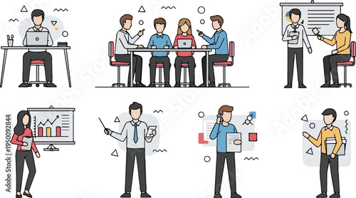 Diverse professionals collaborate, present, and communicate in a modern office setting