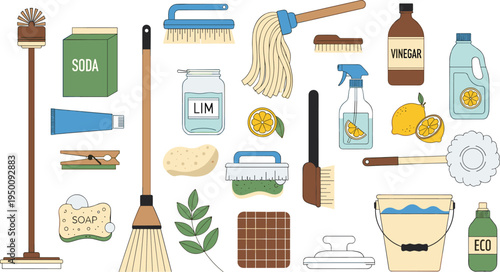 Eco friendly cleaning supplies set with natural detergents brushes vinegar lemon and sustainable household tools vector illustration