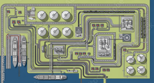 Detailed Aerial View of an Industrial Oil Refinery Complex.