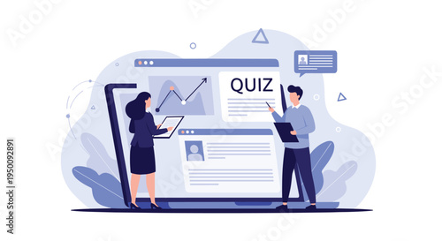Man and woman analyzing an online quiz and data results displayed on a large laptop screen with charts and profiles.