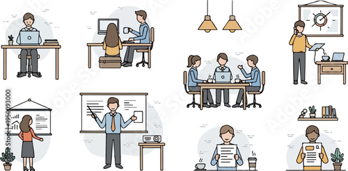 Office scenes with diverse work activities and collaboration