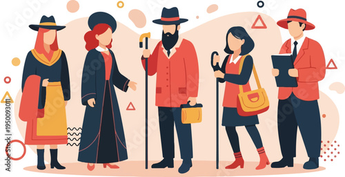 Five figures in traditional attire stand in a line