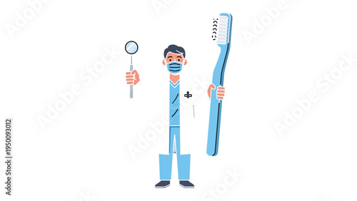 Dental Care Illustration: A graphic of a dental professional stands with a mirror and toothbrush, highlighting the importance of oral health and dental hygiene. 