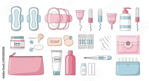 Set of feminine hygiene products including pads, tampons, menstrual cups, soap, and skincare items on a white background.