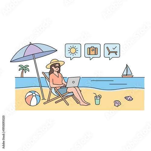 Man working on laptop at beach with umbrella and vacation icons