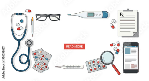 Medical equipment and supplies including a stethoscope, thermometer, glasses, pills, magnifying glass, and a smartphone.