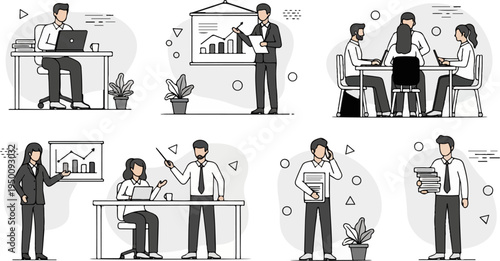 Office workers engaged in various business activities