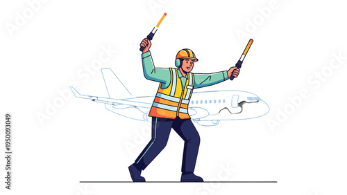 Airport Ground Crew Guidance: A diligent ground crew member directs an aircraft on the tarmac, ensuring safe movement using signal wands, with a stylized plane in the background