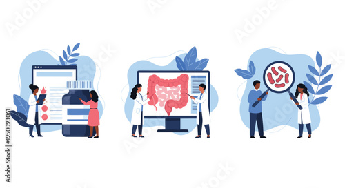 Doctors and scientists analyzing internal organs and bacteria cells in three scenes for medical research and treatment.