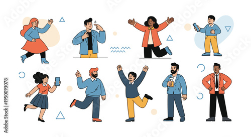 Diverse group of men and women showing various joyful and energetic poses with happy expressions on a white background.