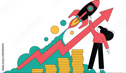 Business growth success concept, rocket launch with rising arrow chart profits investment startup financial progress illustration