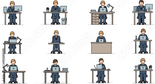 Twelve illustrated businessmen working at desks with computers