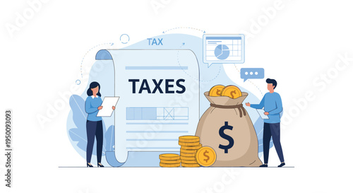 Man and woman managing financial taxes with documents, gold coins, and a giant money bag with a dollar sign on a blue background.