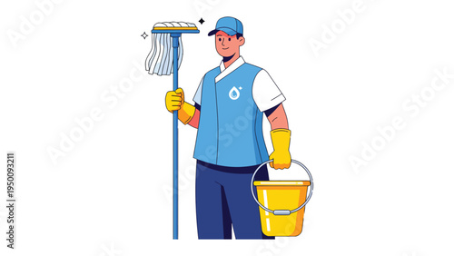 Cleanliness Champion: A dedicated cleaner stands with mop and bucket, a symbol of spotless service and commitment to hygiene and sanitation. 