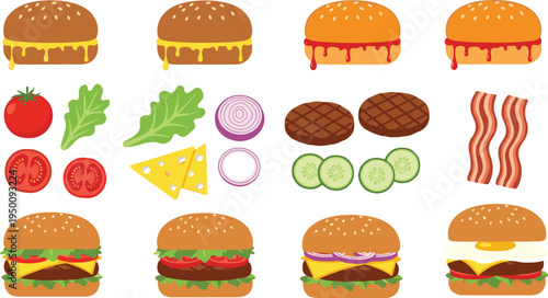 Burger ingredients and assembled hamburgers set with buns beef bacon cheese vegetables fast food vector illustration