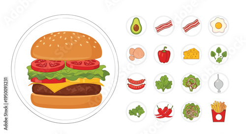 Detailed illustration of a delicious hamburger surrounded by various fresh ingredients for custom food preparation.
