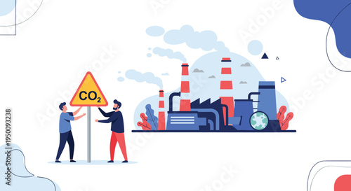 Industrial factory chimneys emitting smoke with people holding a CO2 warning sign to raise awareness about air pollution.