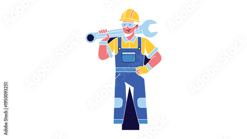Handyman with Giant Wrench: A skilled handyman confidently carries an oversized wrench, embodying strength and expertise in this detailed vector illustration.