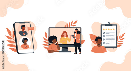 Concepts of online customer service and support showing communication via smartphone, computer, and feedback ratings.