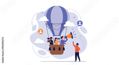 Team of people in a hot air balloon using a megaphone and binoculars to represent communication and exploration.