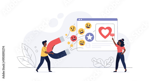 Man using a giant magnet to attract social media likes and engagement icons representing digital marketing strategies.