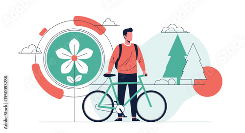 Man standing with a bicycle in a natural landscape with trees and a flower symbol for eco-friendly transport.