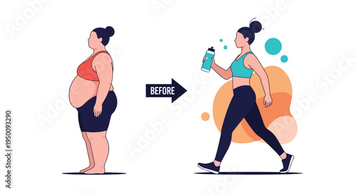 Visual before and after transformation of a woman achieving successful weight loss through a healthy lifestyle and exercise.