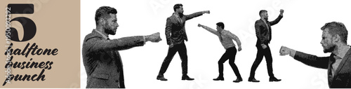 Halftone businessman punching gesture set showing anger conflict confrontation and aggressive reaction isolated on white background