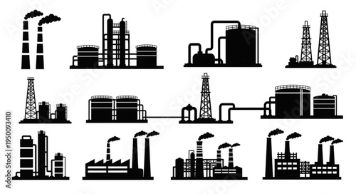 Industrial Plant Silhouettes - A Collection of Factory and Refinery Designs.