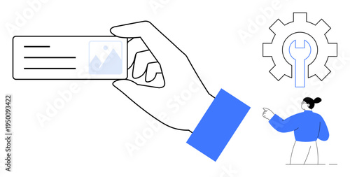 Identity verification, authentication, user management, credentialing, technology interface, access systems. Hand holding ID card, gear with tool person gesturing. Identity verification