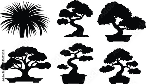 Assortment of five artistic black silhouette bonsai trees and a spiky plant in varied styles and dimensions