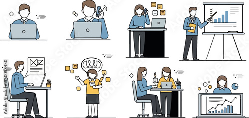 Diverse individuals working on laptops, phones, and presentations