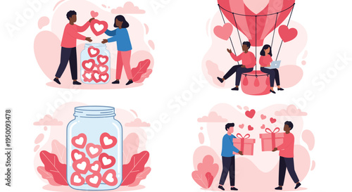 Heartwarming scenes of diverse people expressing love and kindness by donating hearts, sharing gifts, and traveling together.