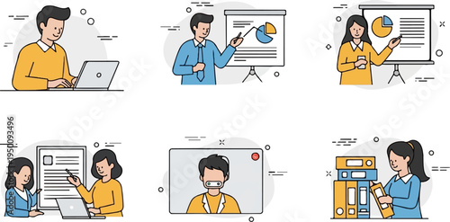 Business professionals in diverse office and meeting scenarios