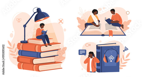 Diverse individuals engaged in different ways of reading and learning using physical books and digital audiobooks.