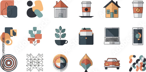 Collection of abstract shapes, houses, coffee cups, plant, office items, laptop, tablet, car