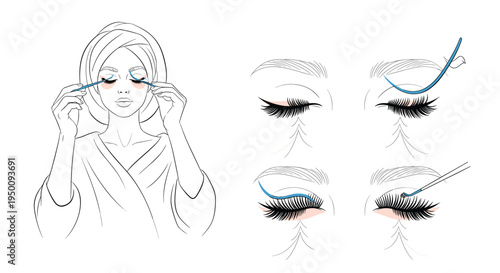Detailed step by step guide showing the application of false eyelashes and eyeliner for professional eye makeup styles.