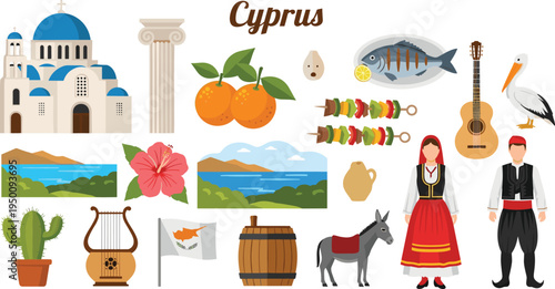 Cyprus culture symbols collection with traditional costume landmarks food music and national elements vector illustration