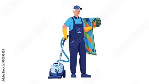 Cleanliness & Care: Professional at Work: A diligent professional, armed with a vacuum cleaner and a rolled-up rug, embodies the art of meticulous cleaning, ensuring a fresh and inviting space.