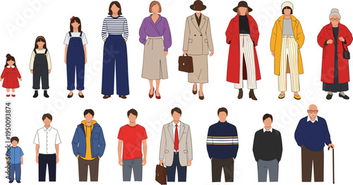 People of different ages from child to elderly diverse generations lifestyle characters flat vector illustration set