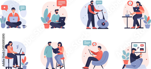 Diverse individuals engaged in various digital activities and hobbies at home