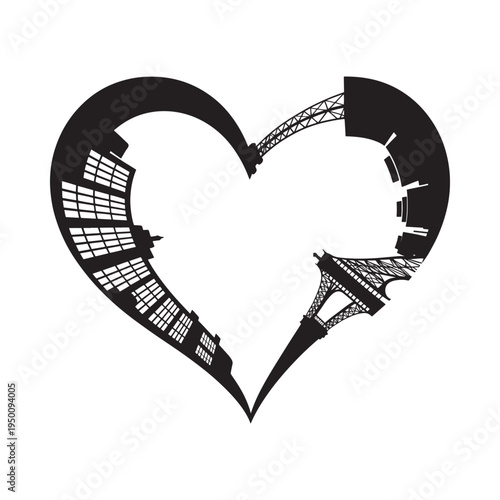 A black silhouette of a heart shape containing iconic parisian landmarks showcasing the city s romantic appeal